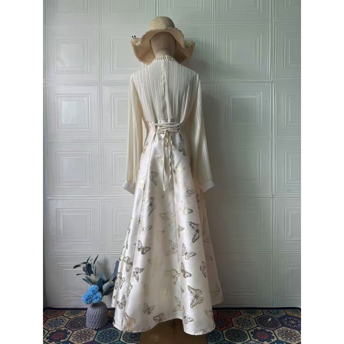 Elegant Long Sleeve Romantic Butterfly Pattern Gilded Long Dress Maxi Dress Gown Abaya. (MA219) - Mariam's Collection