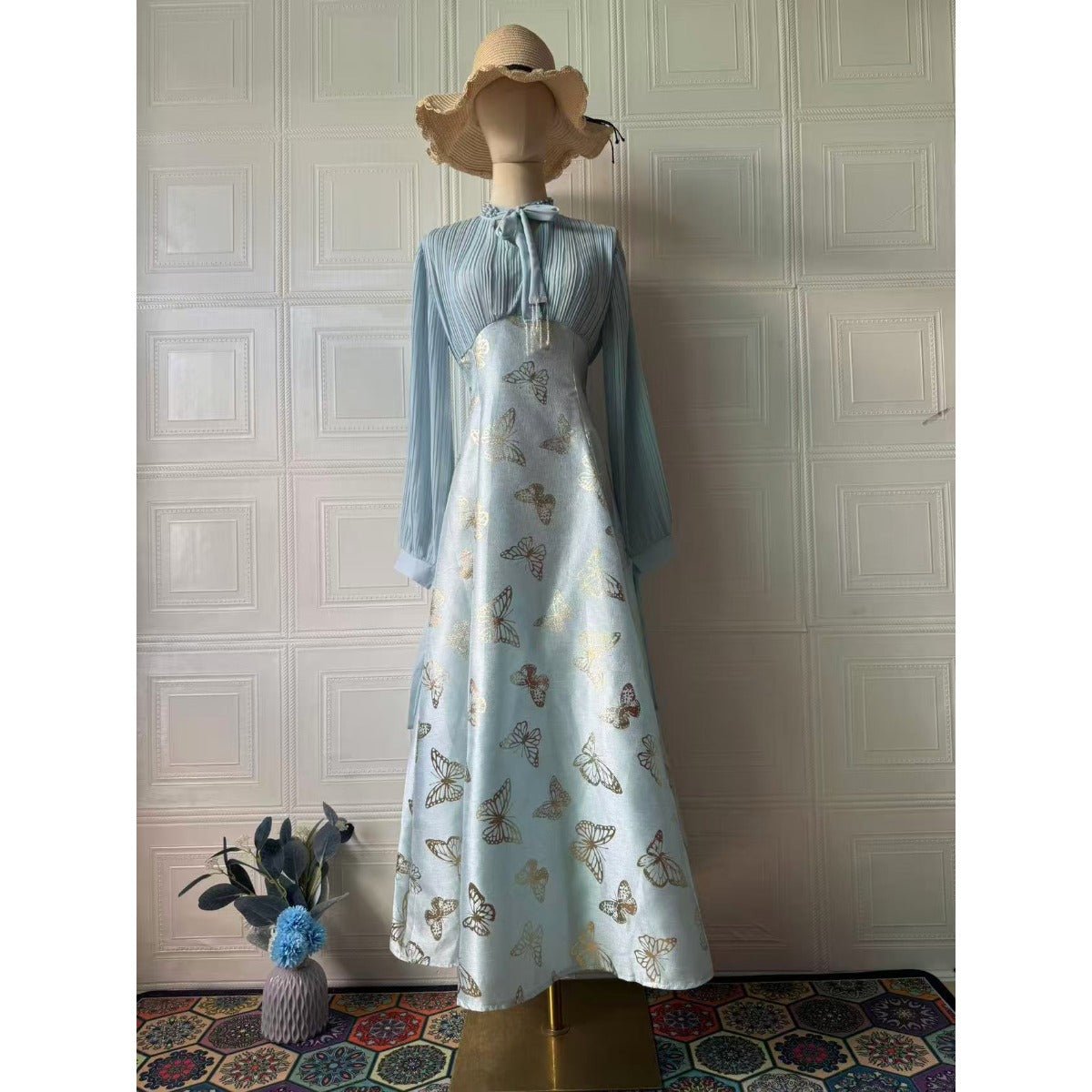 Elegant Long Sleeve Romantic Butterfly Pattern Gilded Long Dress Maxi Dress Gown Abaya. (MA219) - Mariam's Collection