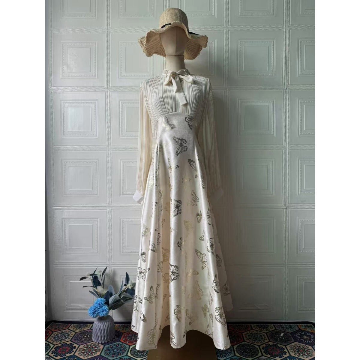 Elegant Long Sleeve Romantic Butterfly Pattern Gilded Long Dress Maxi Dress Gown Abaya. (MA219) - Mariam's Collection