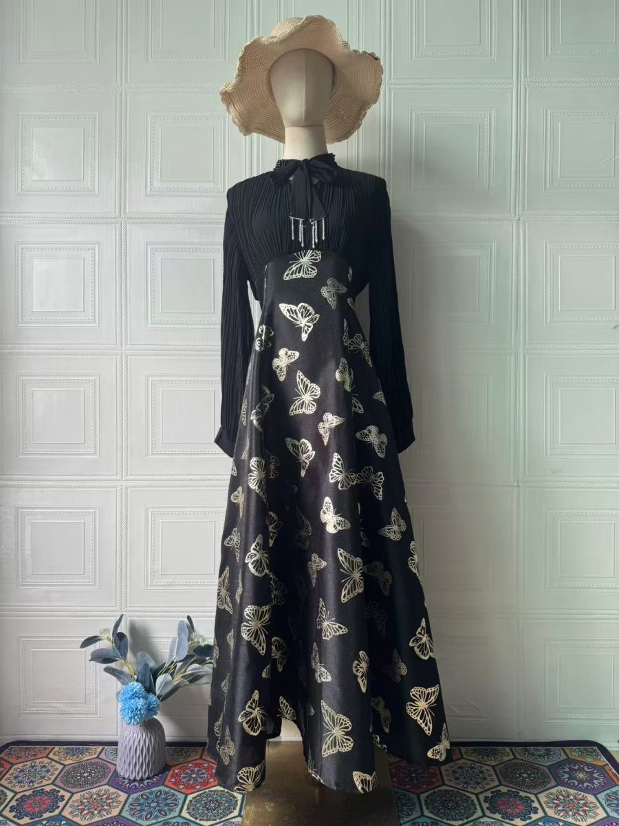 Elegant Long Sleeve Romantic Butterfly Pattern Gilded Long Dress Maxi Dress Gown Abaya. (MA219) - Mariam's Collection