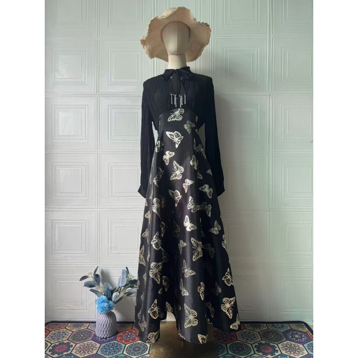 Elegant Long Sleeve Romantic Butterfly Pattern Gilded Long Dress Maxi Dress Gown Abaya. (MA219) - Mariam's Collection