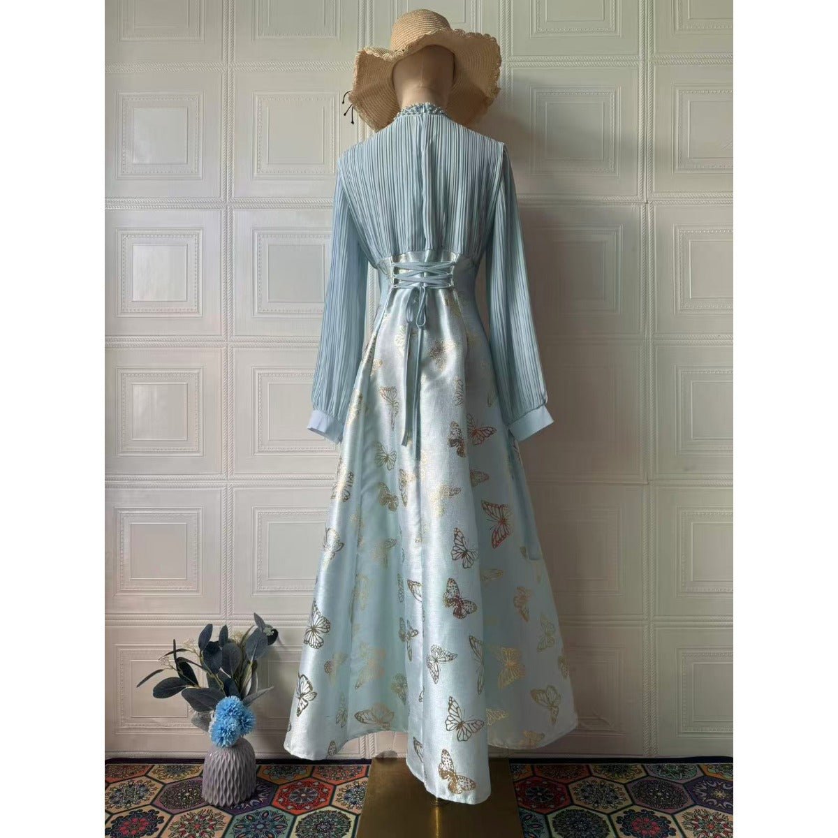 Elegant Long Sleeve Romantic Butterfly Pattern Gilded Long Dress Maxi Dress Gown Abaya. (MA219) - Mariam's Collection