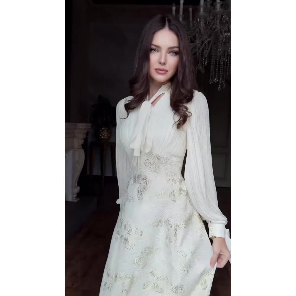 Elegant Long Sleeve Romantic Butterfly Pattern Gilded Long Dress Maxi Dress Gown Abaya. (MA219) - Mariam's Collection