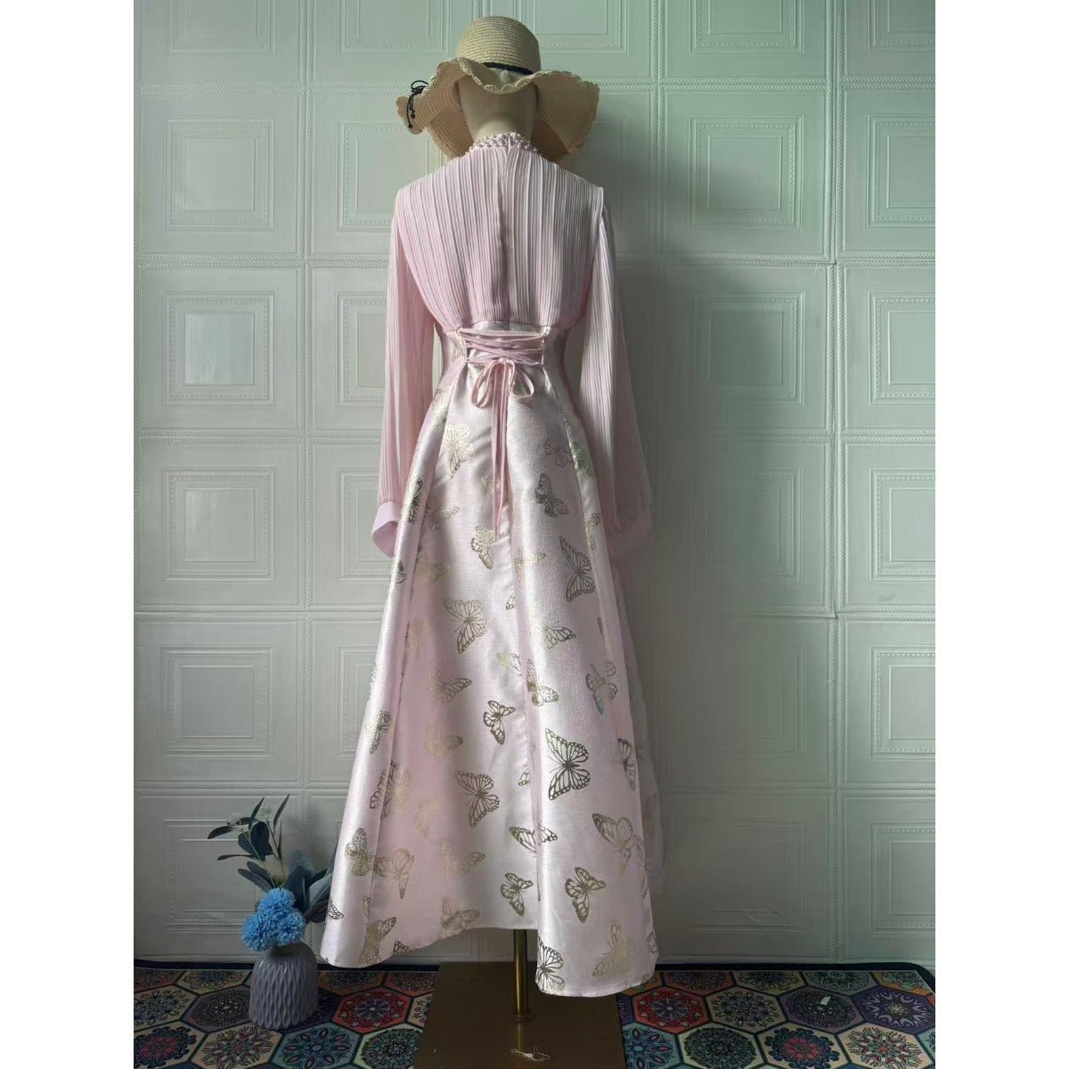 Elegant Long Sleeve Romantic Butterfly Pattern Gilded Long Dress Maxi Dress Gown Abaya. (MA219) - Mariam's Collection