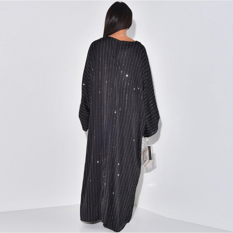 Elegant Long - Sleeved Diamond Craft Sparkling Abaya Dress - Modest Long Pullover Dress with Vertical Stripes(MA292) - Mariam's Collection