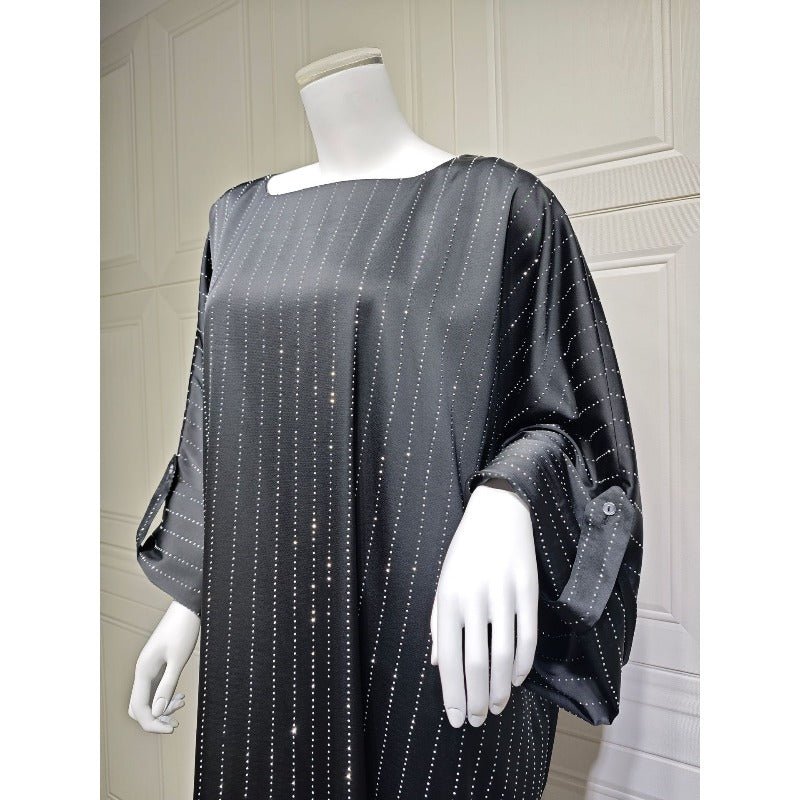 Elegant Long - Sleeved Diamond Craft Sparkling Abaya Dress - Modest Long Pullover Dress with Vertical Stripes(MA292) - Mariam's Collection