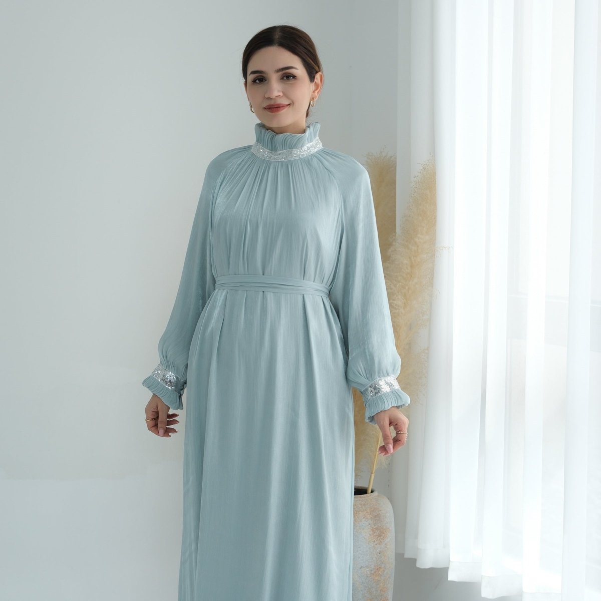 Elegant Modest Long Sleeve High - Neck Lace - Up Solid Color Dress Abaya. (MA213) - Mariam's Collection
