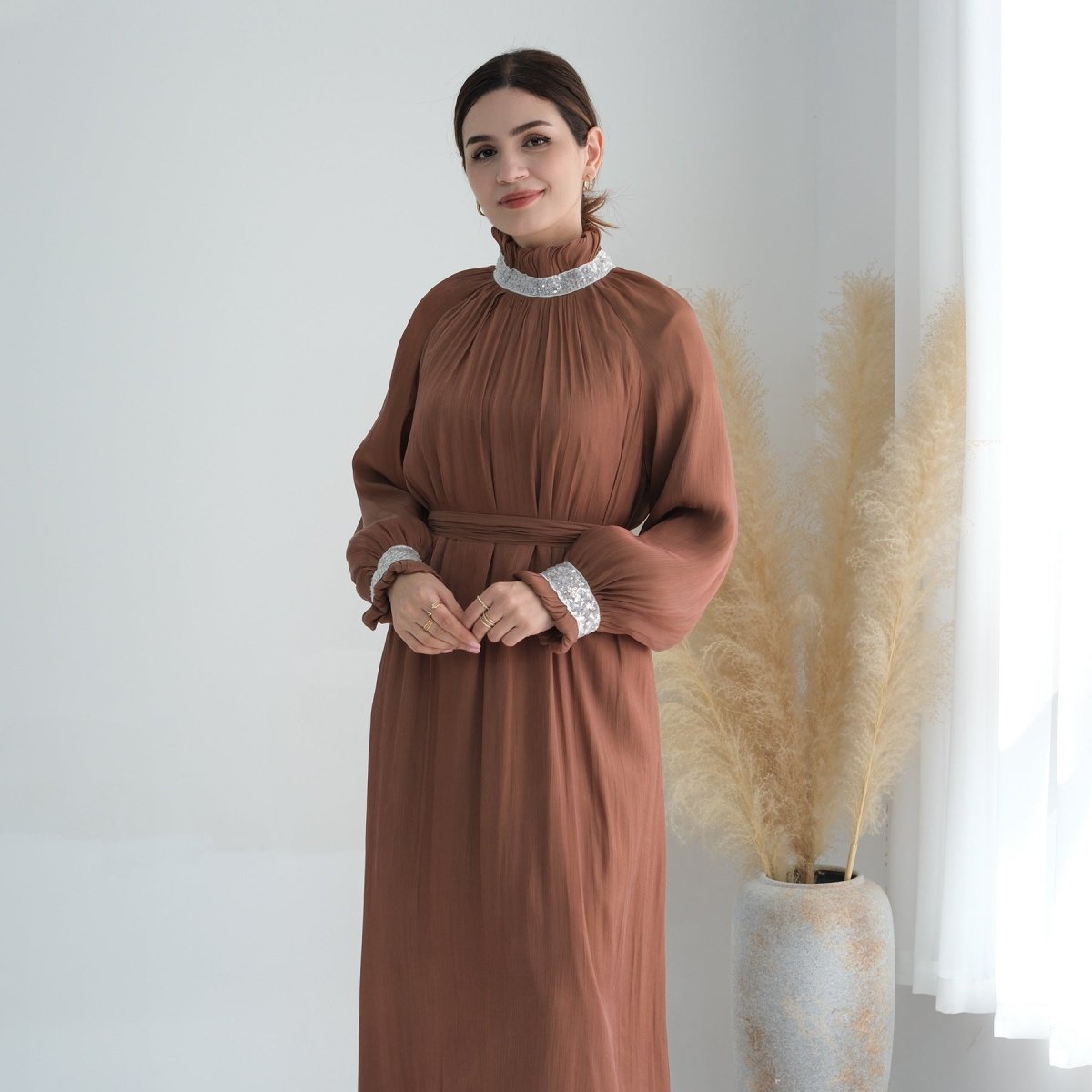 Elegant Modest Long Sleeve High - Neck Lace - Up Solid Color Dress Abaya. (MA213) - Mariam's Collection