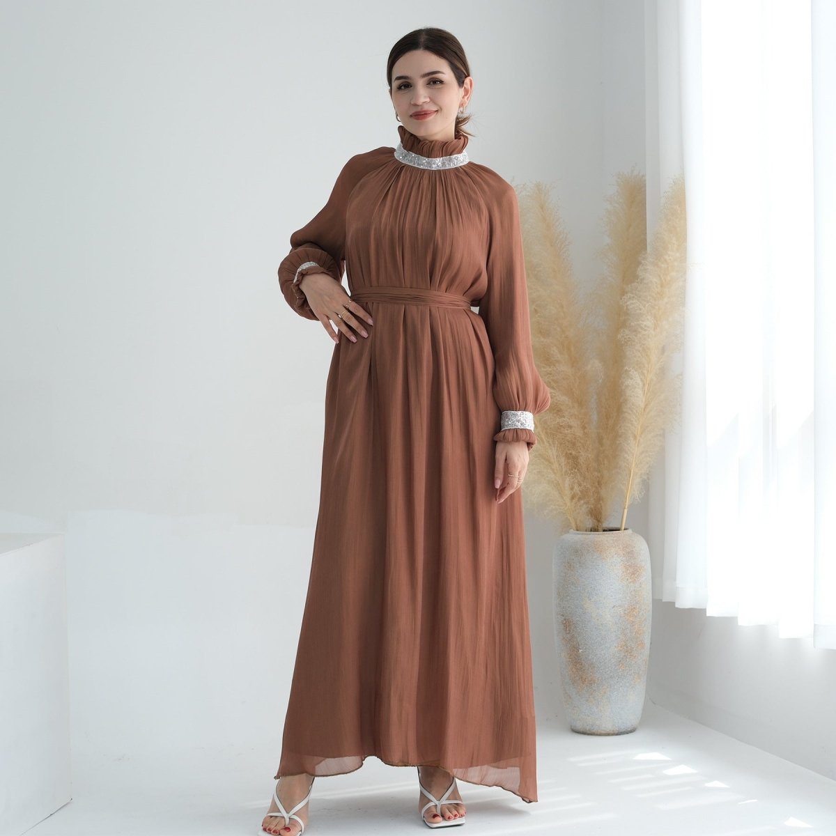 Elegant Modest Long Sleeve High - Neck Lace - Up Solid Color Dress Abaya. (MA213) - Mariam's Collection
