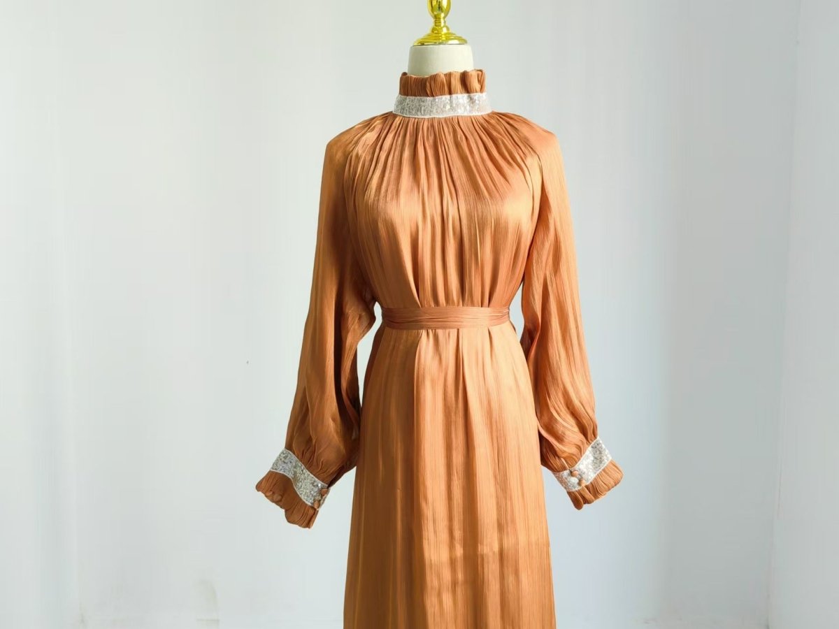 Elegant Modest Long Sleeve High - Neck Lace - Up Solid Color Dress Abaya. (MA213) - Mariam's Collection