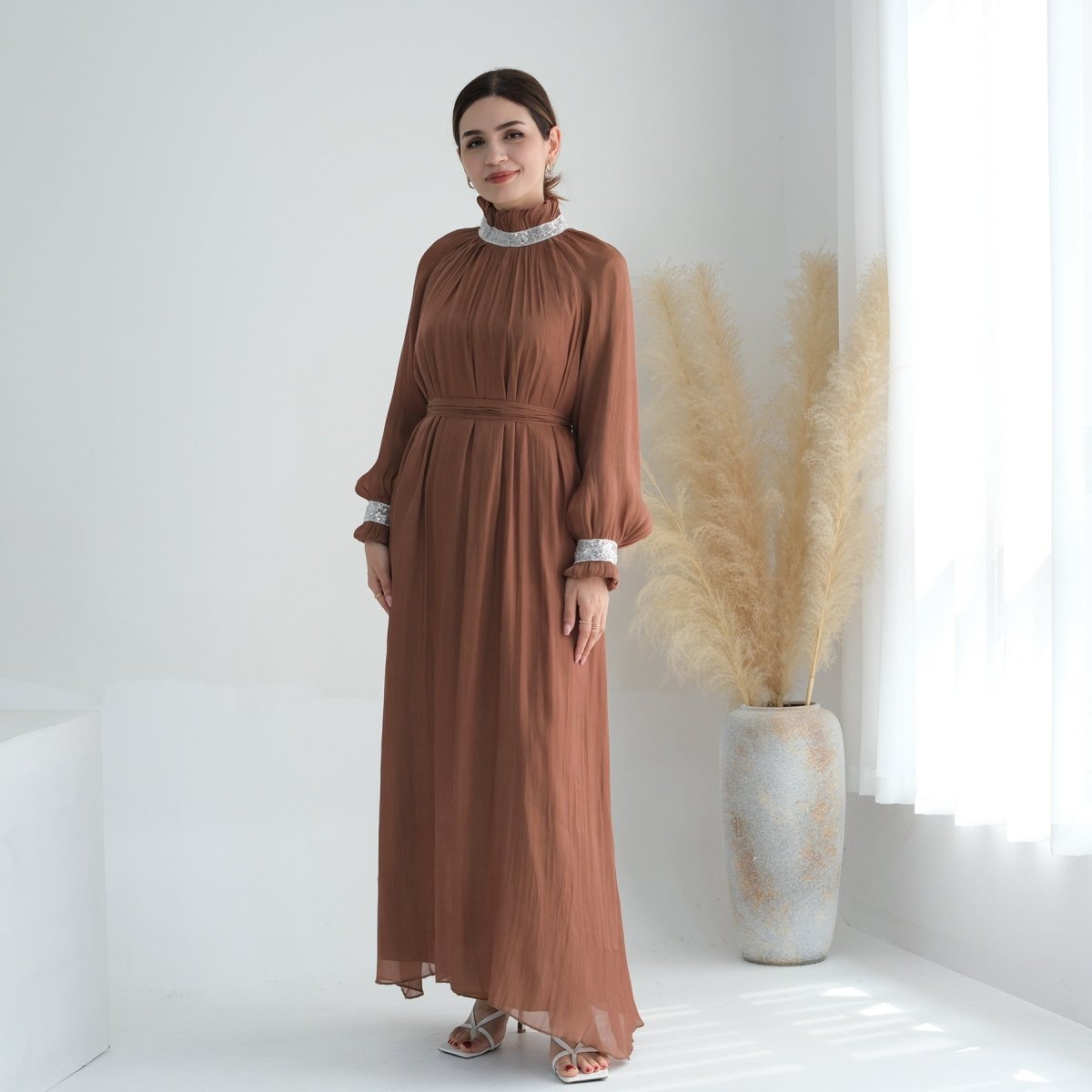 Elegant Modest Long Sleeve High - Neck Lace - Up Solid Color Dress Abaya. (MA213) - Mariam's Collection