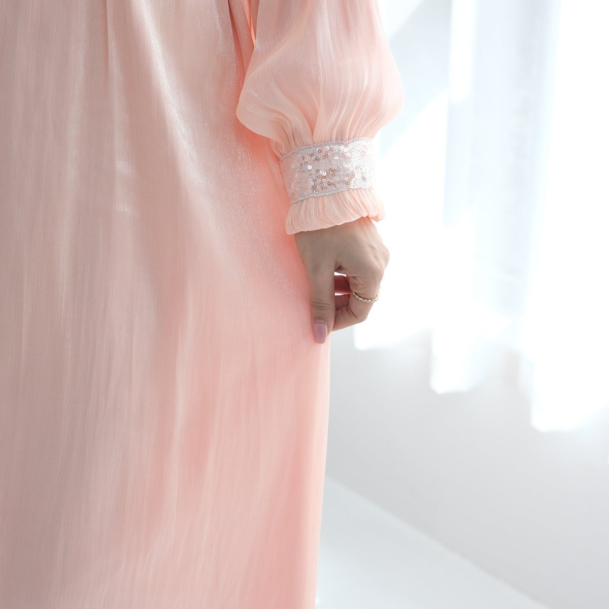 Elegant Modest Long Sleeve High - Neck Lace - Up Solid Color Dress Abaya. (MA213) - Mariam's Collection