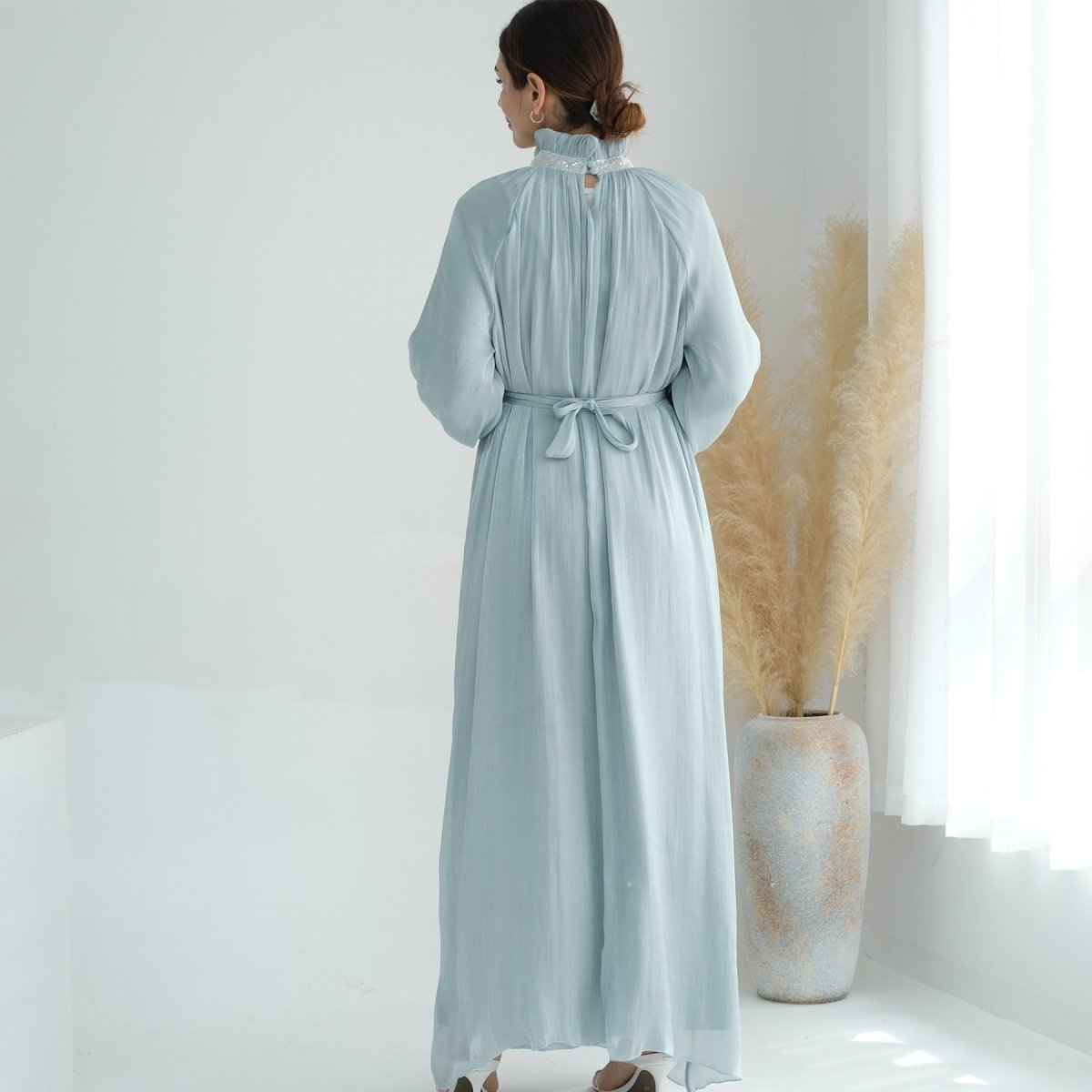 Elegant Modest Long Sleeve High - Neck Lace - Up Solid Color Dress Abaya. (MA213) - Mariam's Collection