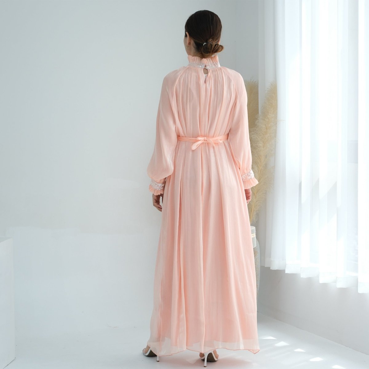 Elegant Modest Long Sleeve High - Neck Lace - Up Solid Color Dress Abaya. (MA213) - Mariam's Collection
