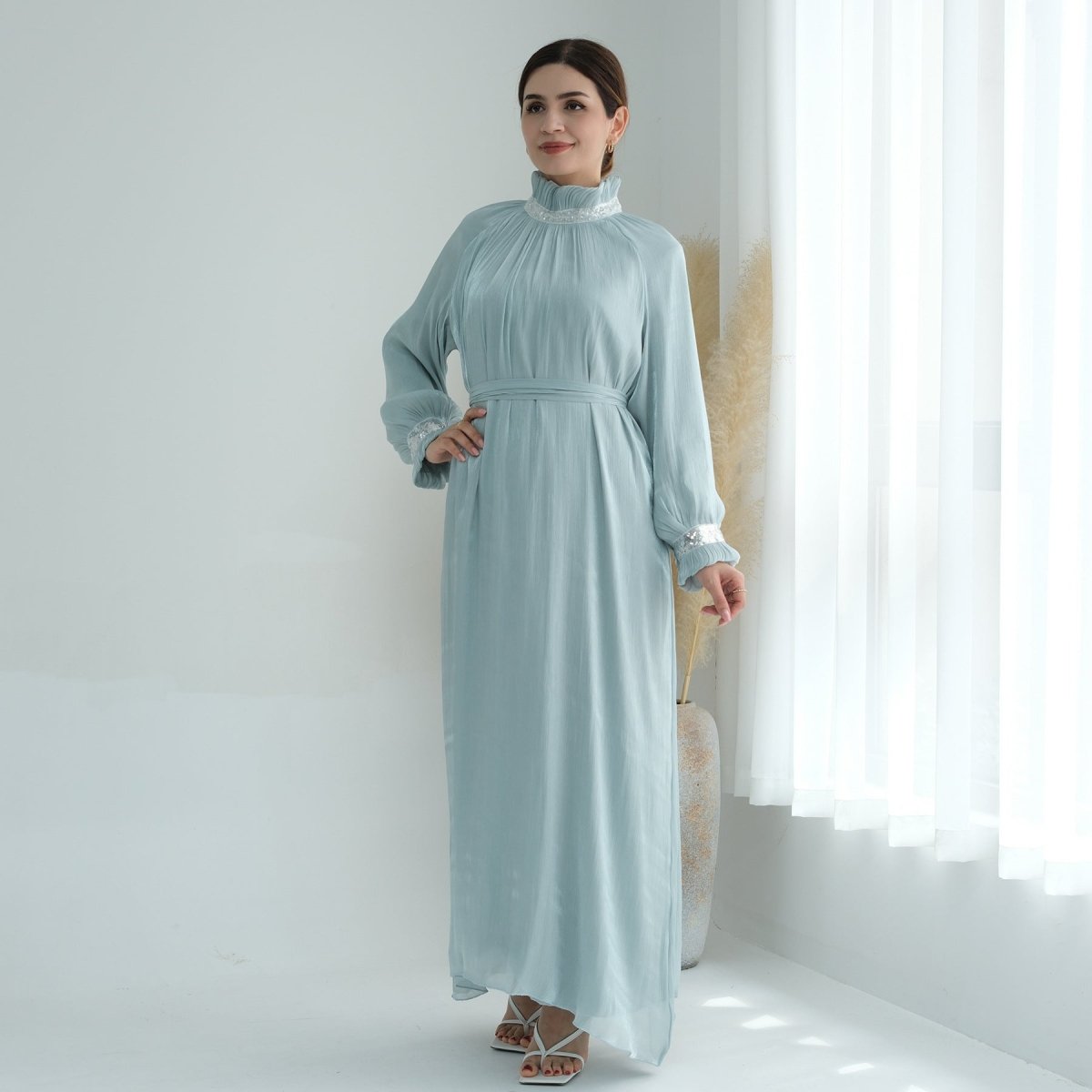 Elegant Modest Long Sleeve High - Neck Lace - Up Solid Color Dress Abaya. (MA213) - Mariam's Collection