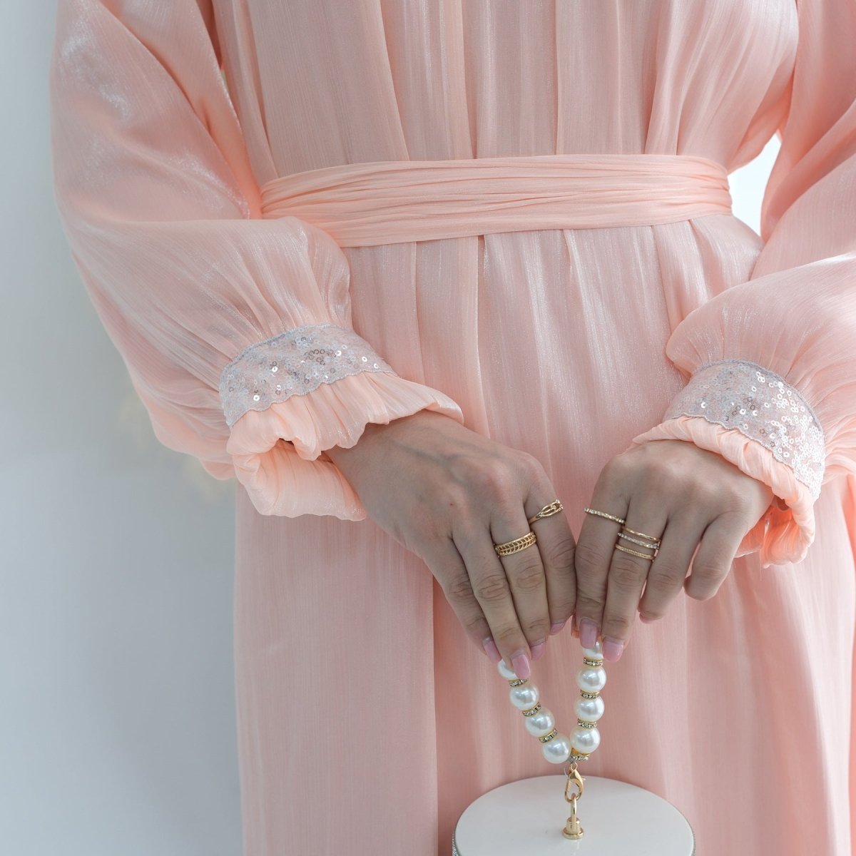 Elegant Modest Long Sleeve High - Neck Lace - Up Solid Color Dress Abaya. (MA213) - Mariam's Collection