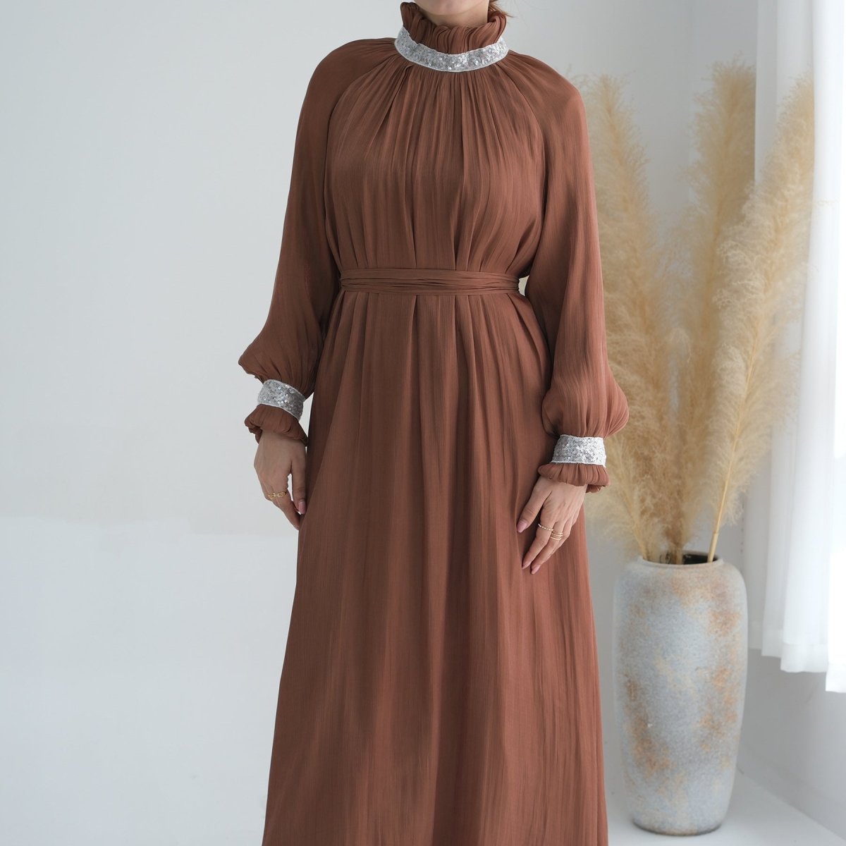 Elegant Modest Long Sleeve High - Neck Lace - Up Solid Color Dress Abaya. (MA213) - Mariam's Collection