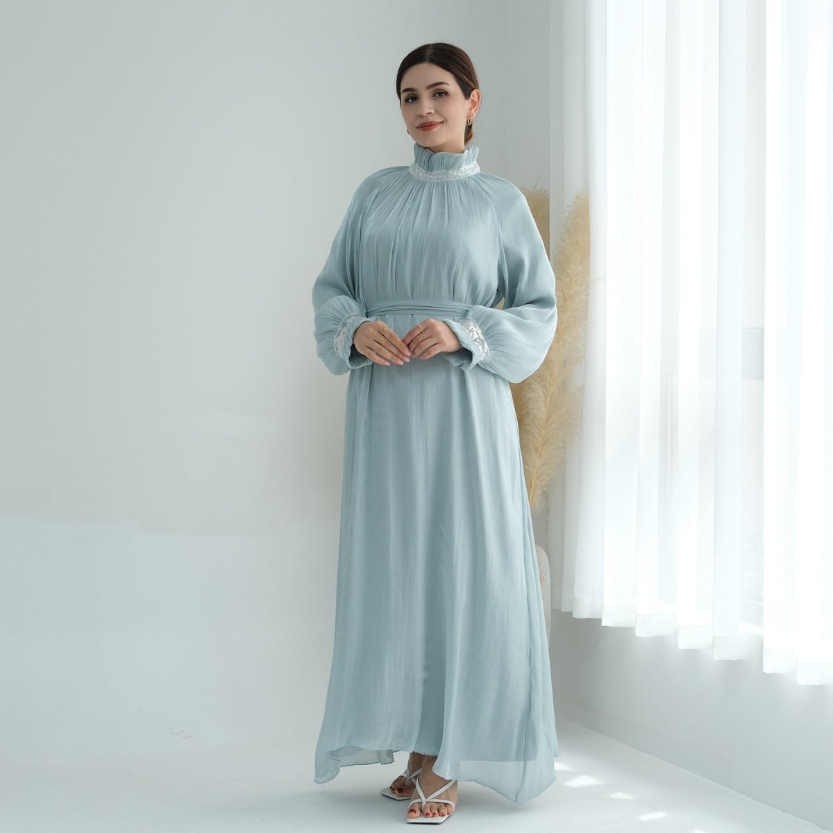 Elegant Modest Long Sleeve High - Neck Lace - Up Solid Color Dress Abaya. (MA213) - Mariam's Collection