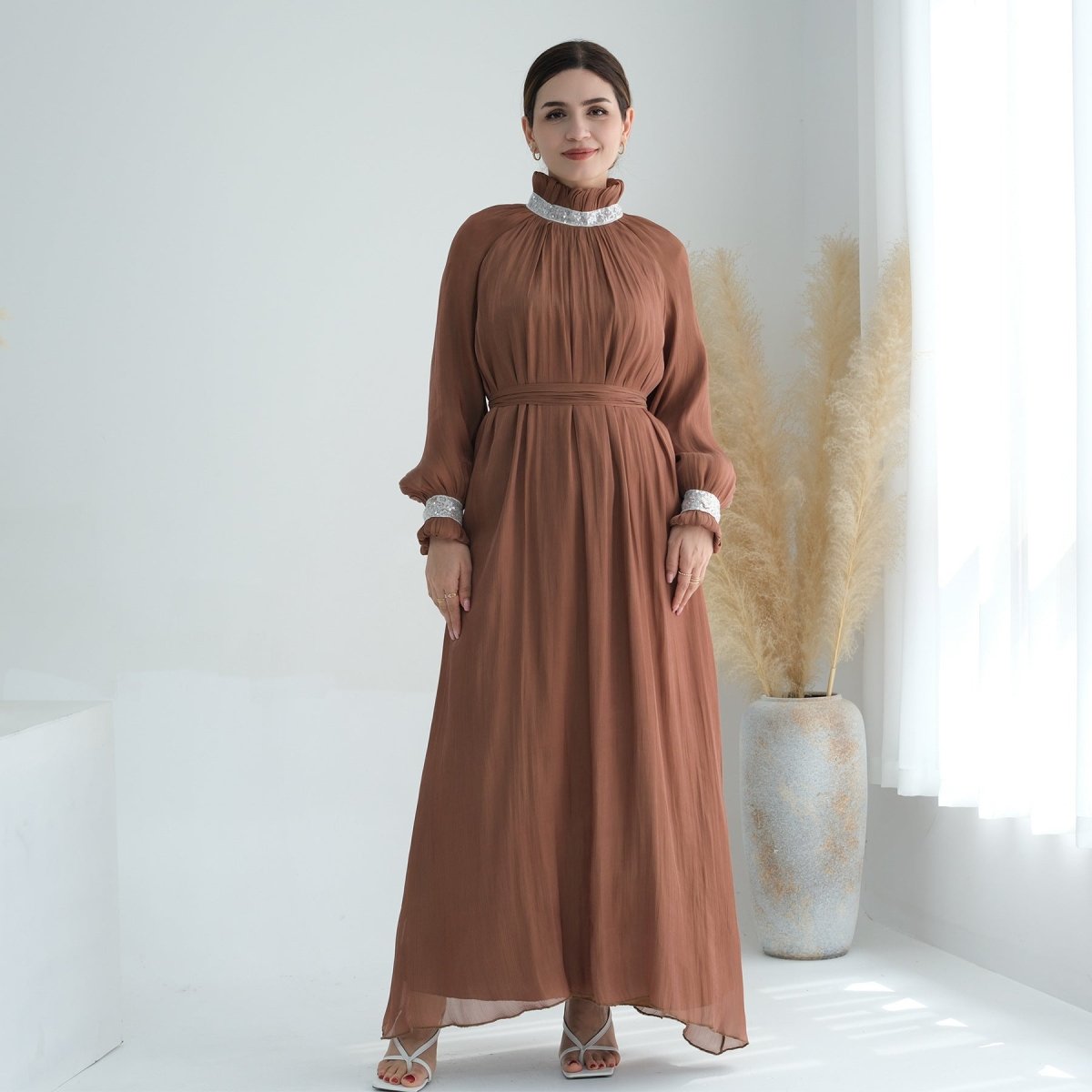 Elegant Modest Long Sleeve High - Neck Lace - Up Solid Color Dress Abaya. (MA213) - Mariam's Collection