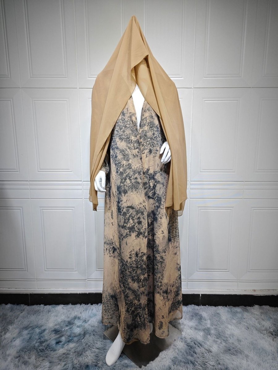 Elegant Muslim Women's Modest Fashion Chiffon Print Two - Piece Summer Casual Abaya with Hijab. (MOA152) - Mariam's Collection