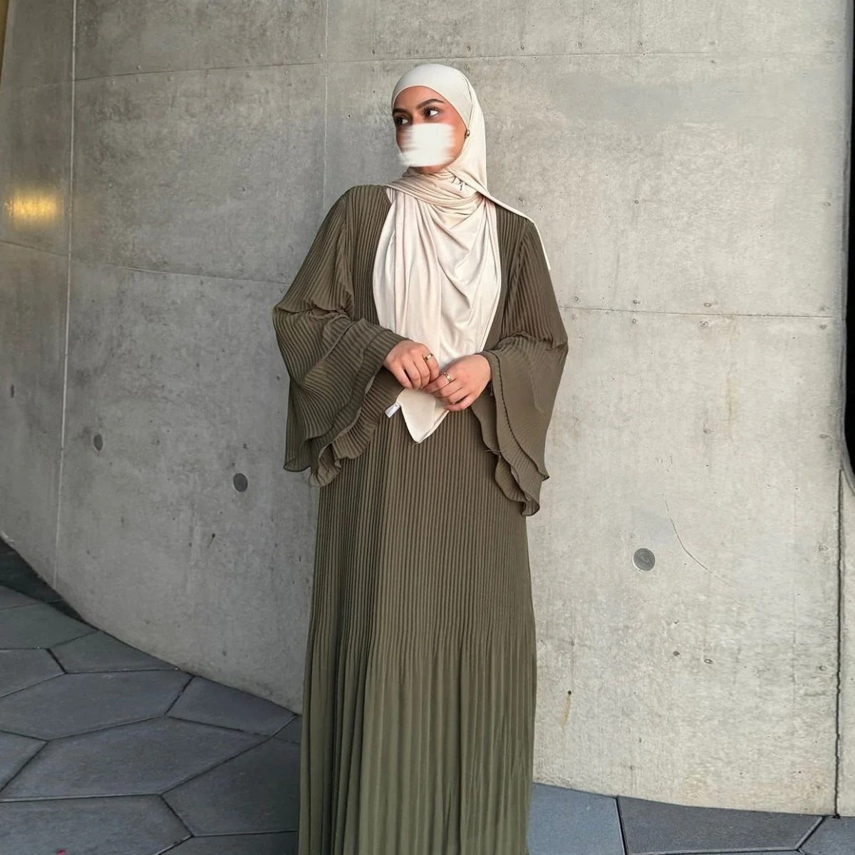 Elegant Muslim Women's Pleated Chiffon Pullover Robe Dress Modest Solid Color Abaya with Flared Sleeves. (MA176) - Mariam's Collection
