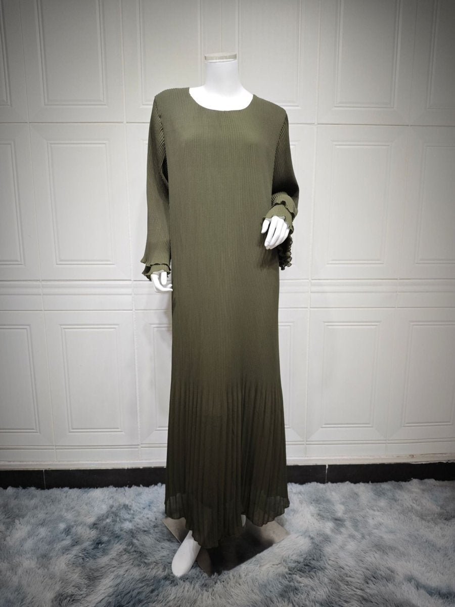 Elegant Muslim Women's Pleated Chiffon Pullover Robe Dress Modest Solid Color Abaya with Flared Sleeves. (MA176) - Mariam's Collection