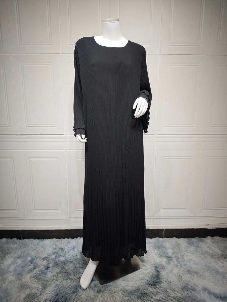 Elegant Muslim Women's Pleated Chiffon Pullover Robe Dress Modest Solid Color Abaya with Flared Sleeves. (MA176) - Mariam's Collection