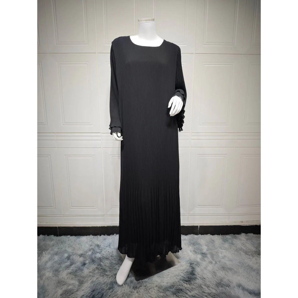 Elegant Muslim Women's Pleated Chiffon Pullover Robe Dress Modest Solid Color Abaya with Flared Sleeves. (MA176) - Mariam's Collection