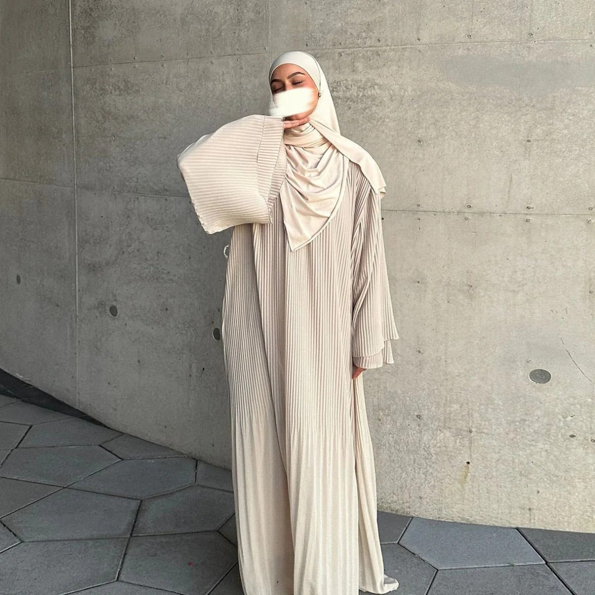 Elegant Muslim Women's Pleated Chiffon Pullover Robe Dress Modest Solid Color Abaya with Flared Sleeves. (MA176) - Mariam's Collection
