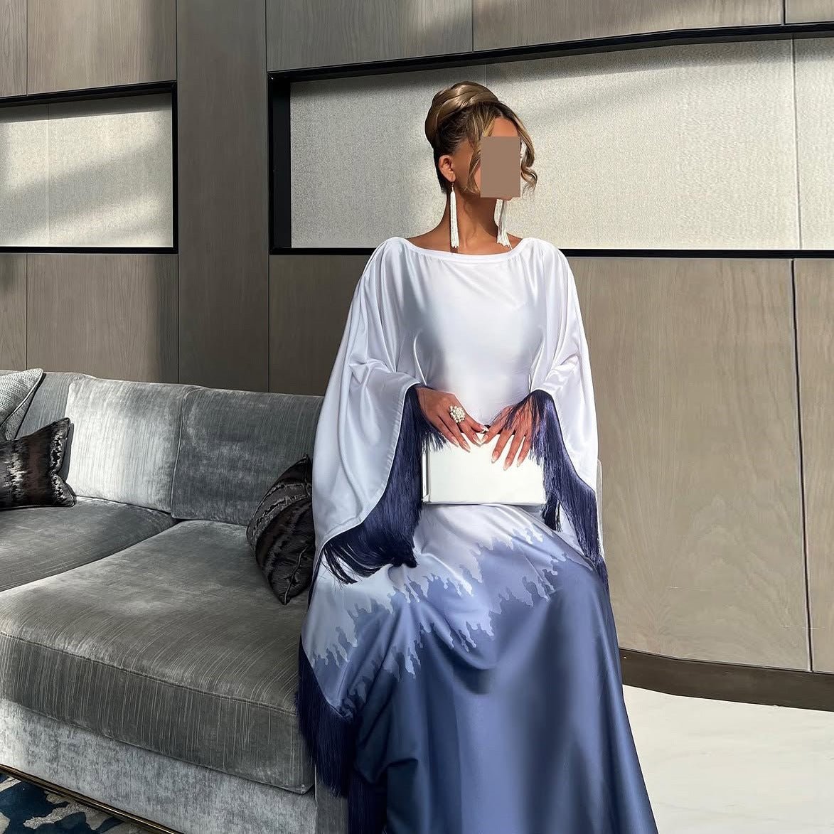 Elegant Ombre Gradient Print Fringed Robe Dress Abaya. (MA179) - Mariam's Collection