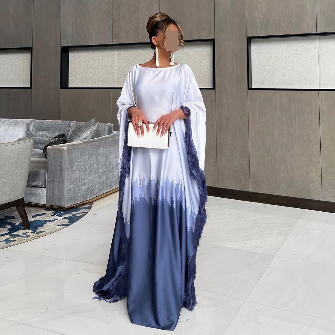 Elegant Ombre Gradient Print Fringed Robe Dress Abaya. (MA179) - Mariam's Collection