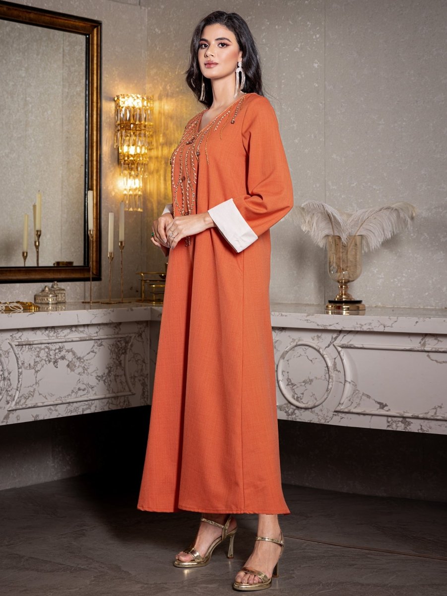 Elegant Orange V - Neck Loose Hand - Sewn Diamond & Pearl Embellished Long Dress with Contrast Cuffs Abaya. (MA191) - Mariam's Collection