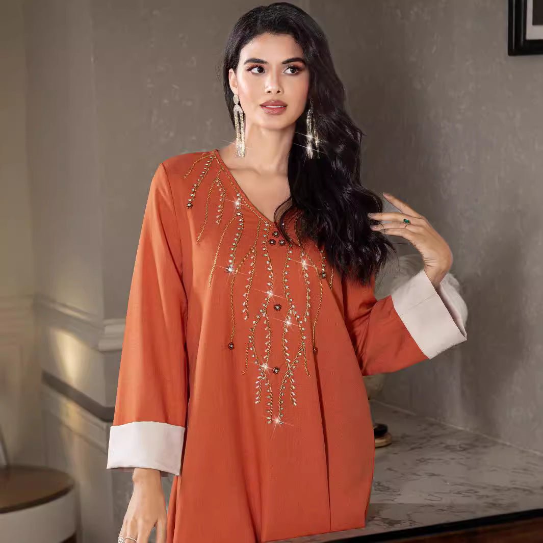 Elegant Orange V - Neck Loose Hand - Sewn Diamond & Pearl Embellished Long Dress with Contrast Cuffs Abaya. (MA191) - Mariam's Collection