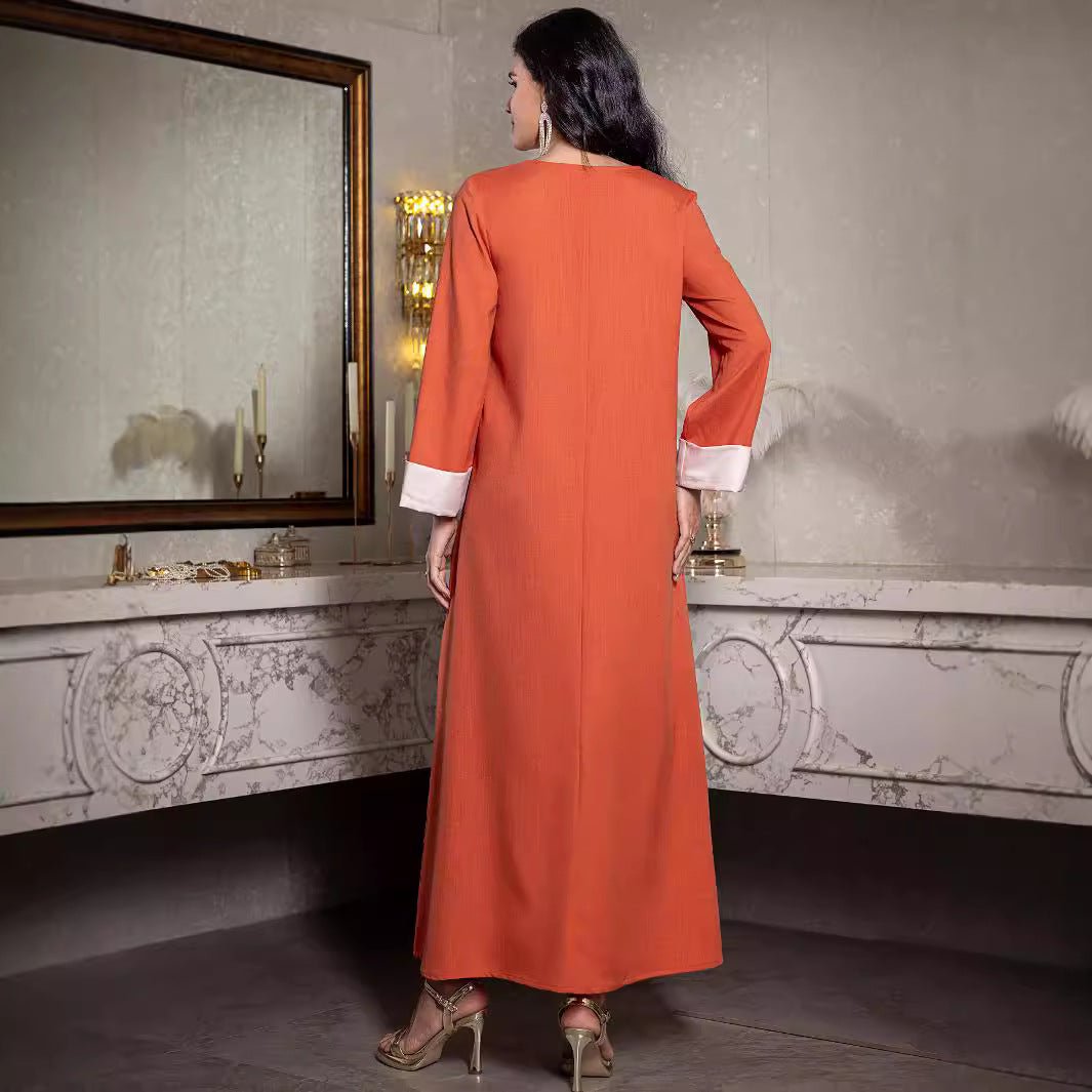 Elegant Orange V - Neck Loose Hand - Sewn Diamond & Pearl Embellished Long Dress with Contrast Cuffs Abaya. (MA191) - Mariam's Collection
