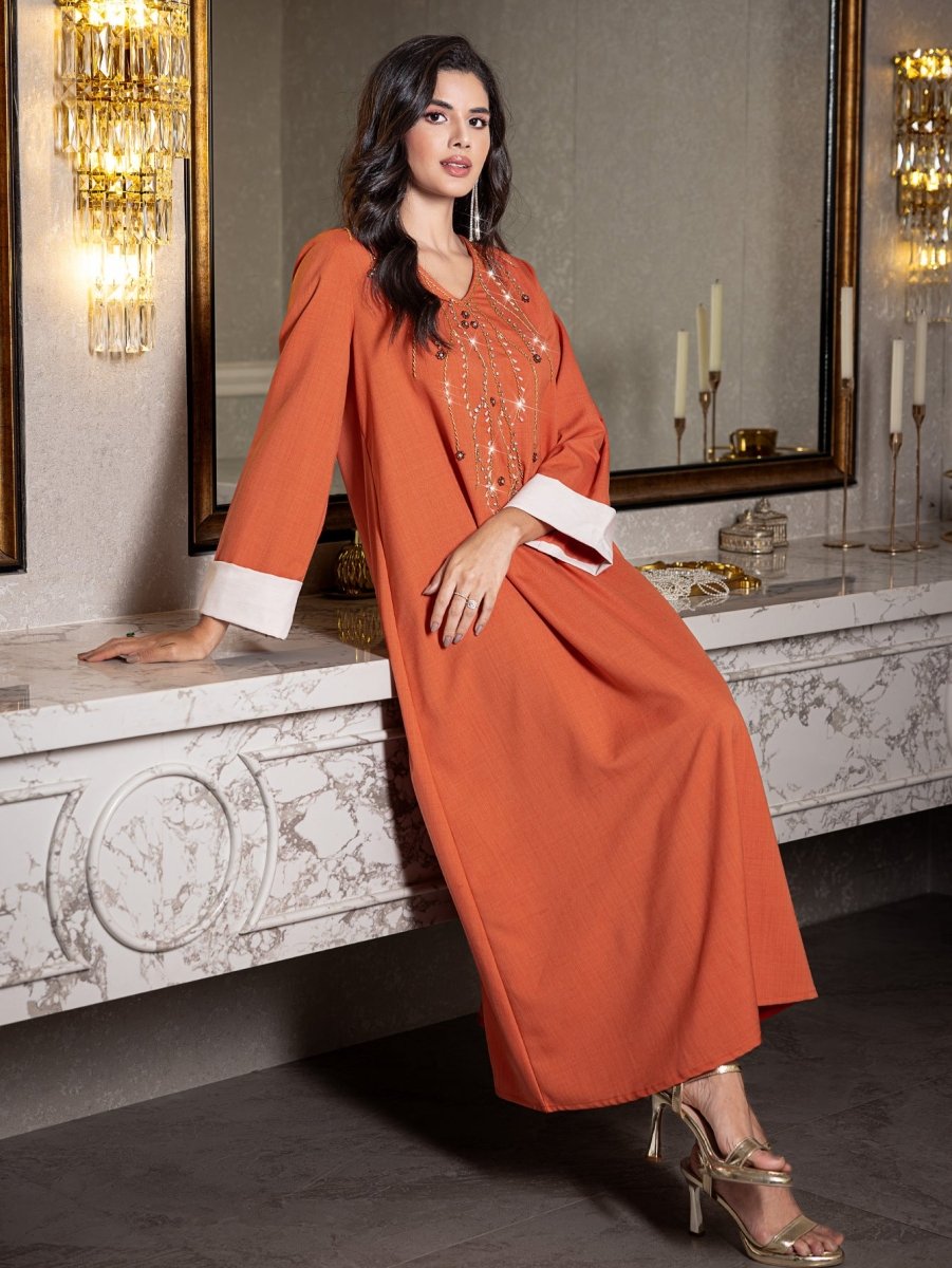 Elegant Orange V - Neck Loose Hand - Sewn Diamond & Pearl Embellished Long Dress with Contrast Cuffs Abaya. (MA191) - Mariam's Collection