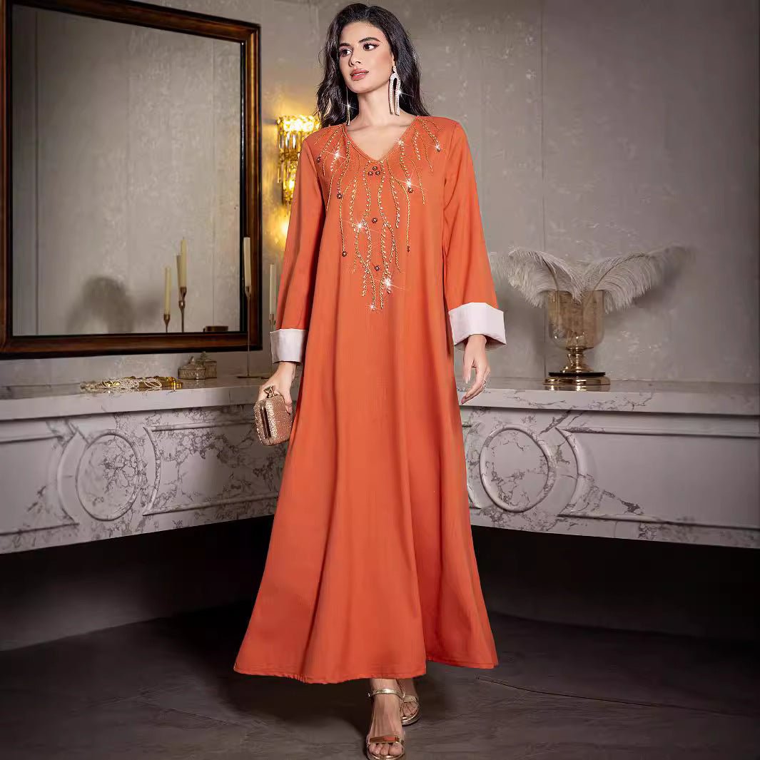 Elegant Orange V - Neck Loose Hand - Sewn Diamond & Pearl Embellished Long Dress with Contrast Cuffs Abaya. (MA191) - Mariam's Collection