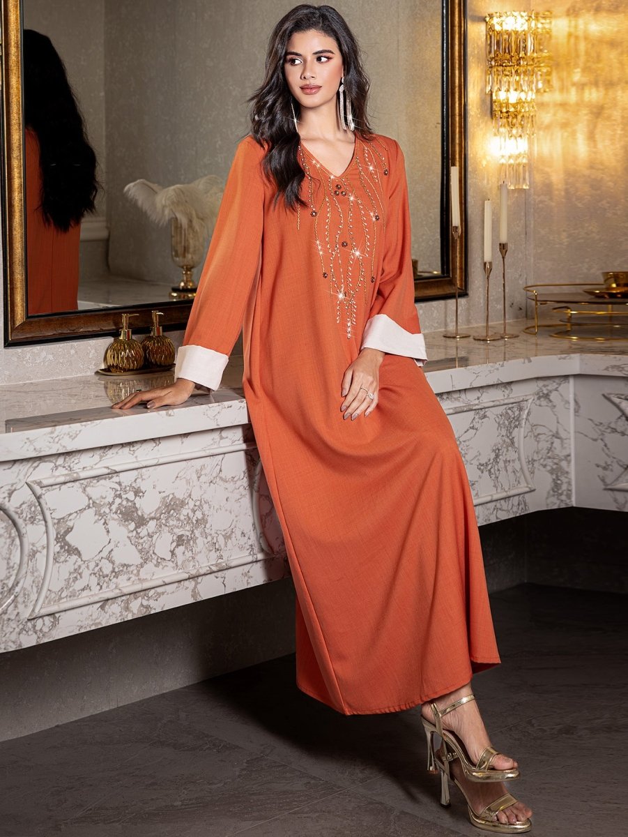 Elegant Orange V - Neck Loose Hand - Sewn Diamond & Pearl Embellished Long Dress with Contrast Cuffs Abaya. (MA191) - Mariam's Collection
