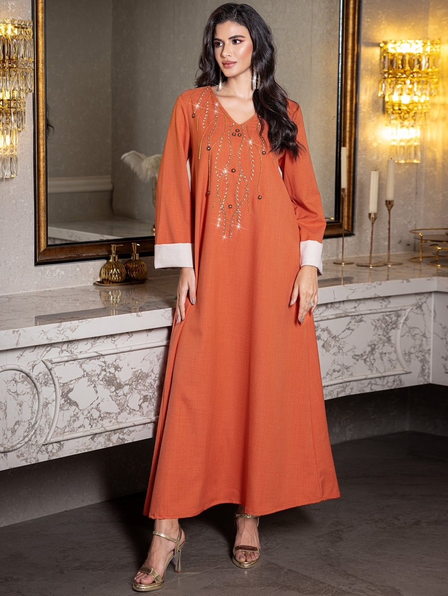 Elegant Orange V - Neck Loose Hand - Sewn Diamond & Pearl Embellished Long Dress with Contrast Cuffs Abaya. (MA191) - Mariam's Collection