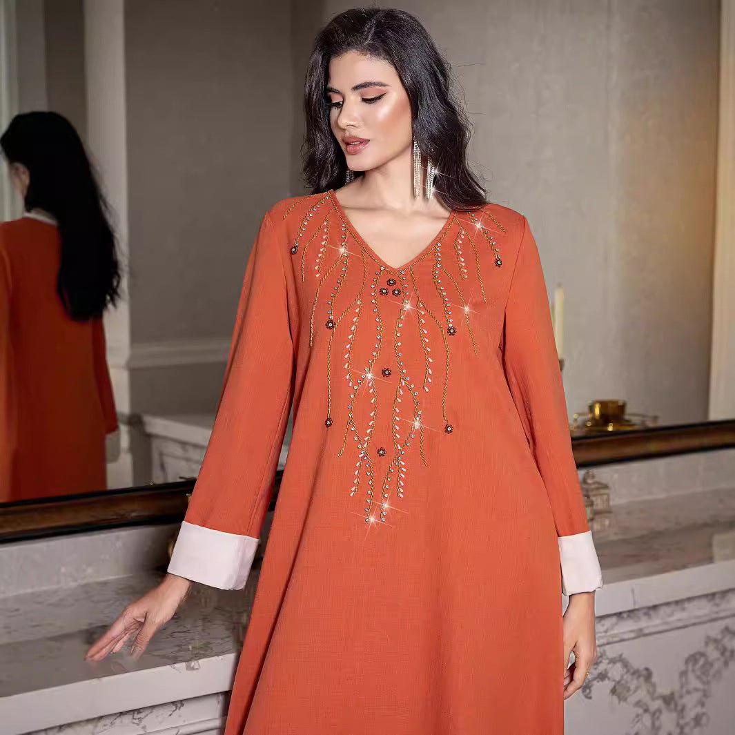 Elegant Orange V - Neck Loose Hand - Sewn Diamond & Pearl Embellished Long Dress with Contrast Cuffs Abaya. (MA191) - Mariam's Collection