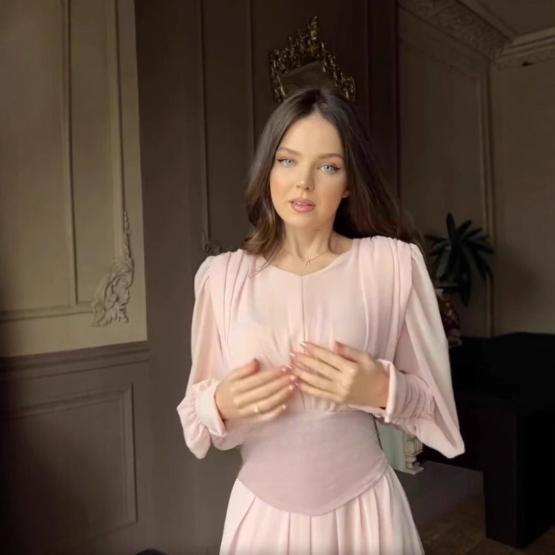 Elegant Pearl - Accented Bubble Sleeve Dress with Spliced Waist(MA297) - Mariam's Collection