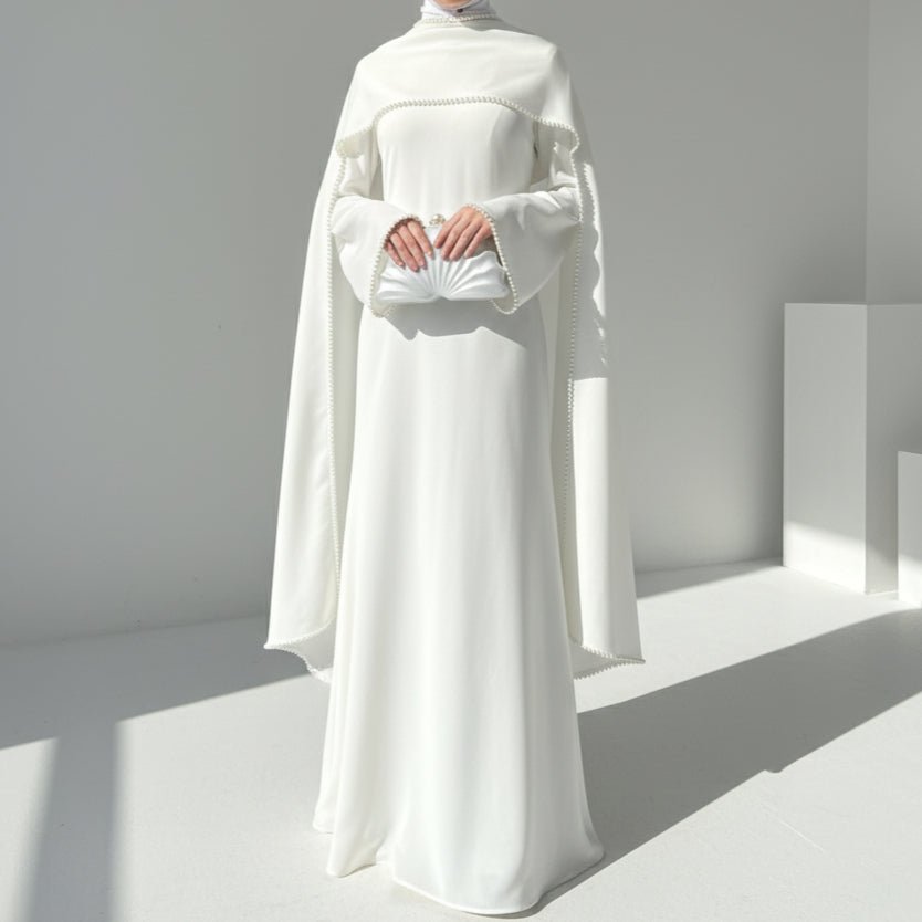 Elegant Pearl Embellished Cape Sleeve Evening Dress(MA337) - Mariam's Collection