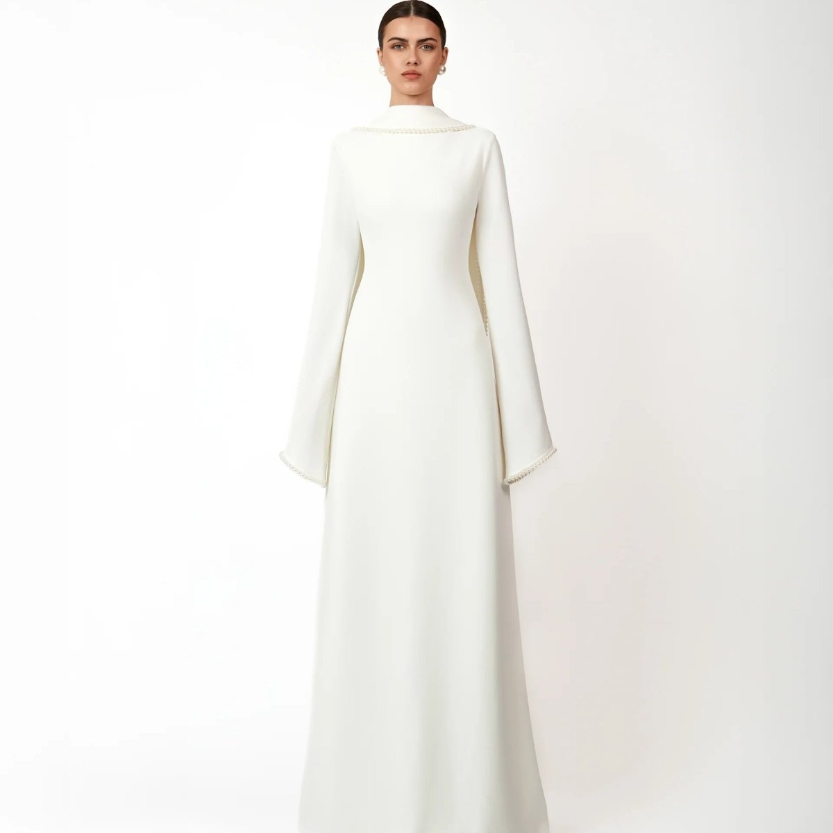 Elegant Pearl Embellished Cape Sleeve Evening Dress(MA337) - Mariam's Collection