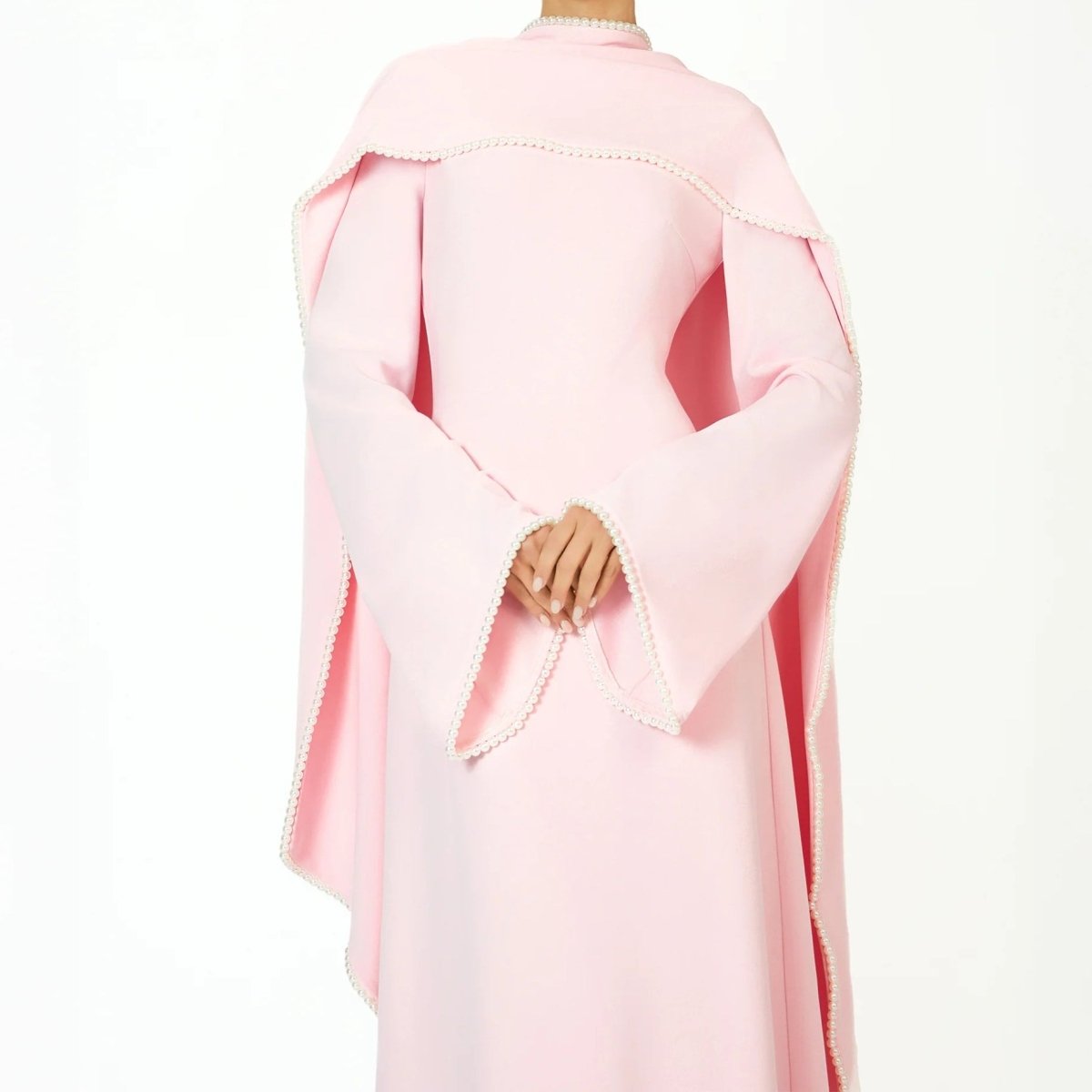Elegant Pearl Embellished Cape Sleeve Evening Dress(MA337) - Mariam's Collection