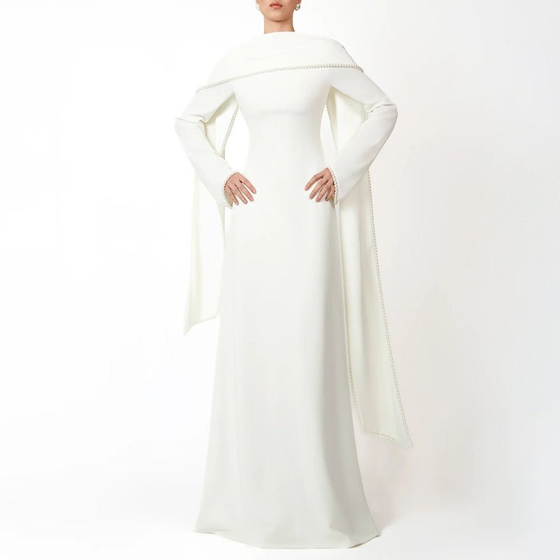 Elegant Pearl Embellished Cape Sleeve Evening Dress(MA337) - Mariam's Collection