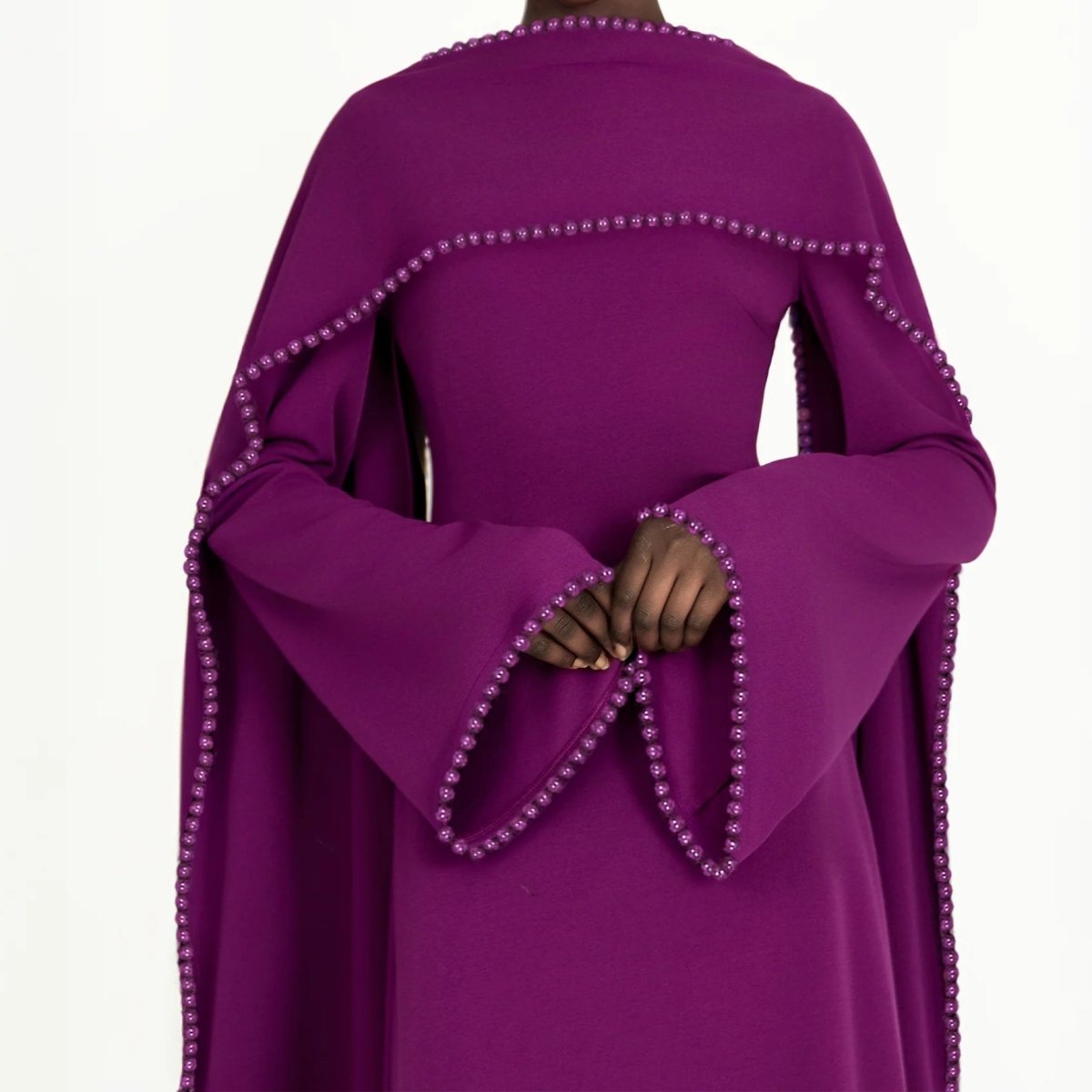 Elegant Pearl Embellished Cape Sleeve Evening Dress(MA337) - Mariam's Collection