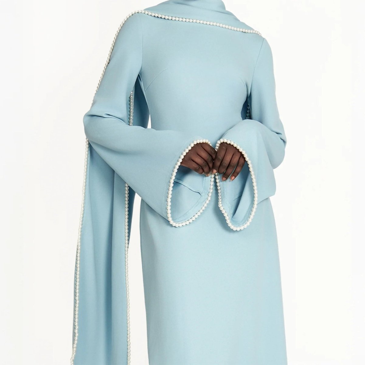 Elegant Pearl Embellished Cape Sleeve Evening Dress(MA337) - Mariam's Collection