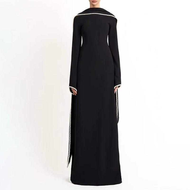 Elegant Pearl Embellished Cape Sleeve Evening Dress(MA337) - Mariam's Collection