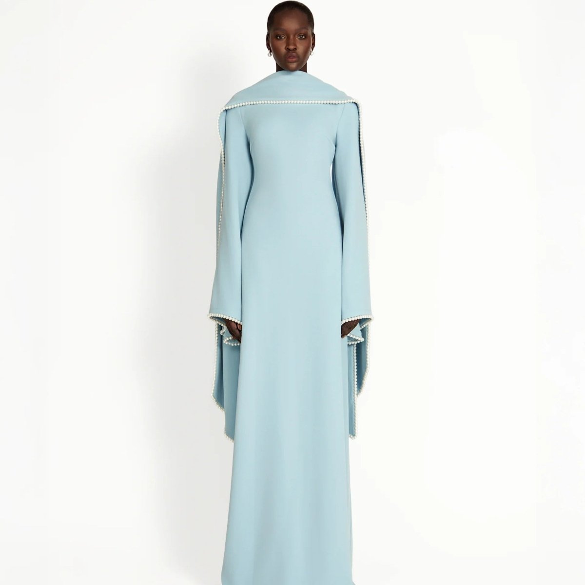 Elegant Pearl Embellished Cape Sleeve Evening Dress(MA337) - Mariam's Collection