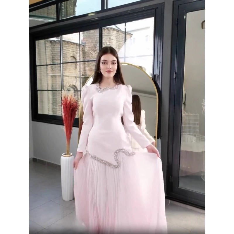 Elegant Pleated Abaya Dress with Diamond Embellished Collar & Waist | Modest Muslim Maxi Dress with Back Strap Detail(MA294) - Mariam's Collection