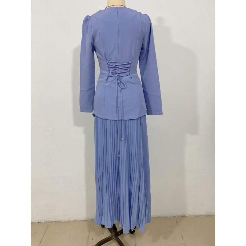 Elegant Pleated Abaya Dress with Diamond Embellished Collar & Waist | Modest Muslim Maxi Dress with Back Strap Detail(MA294) - Mariam's Collection